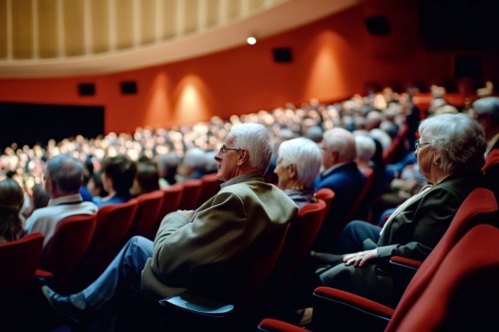 Elderly couple enjoying a show in a crowded theater